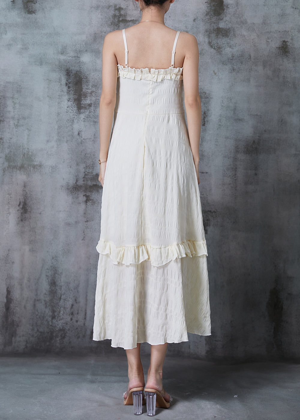 Apricot Ruffled Wrinkled Cotton Spaghetti Strap Dress Summer
