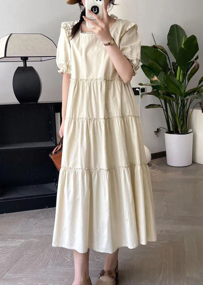 Apricot Square Collar Long Dress Short Sleeve