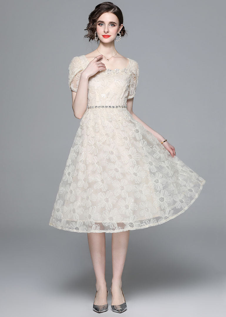 Apricot Square Collar Zircon Embroideried Tulle Dresses Summer