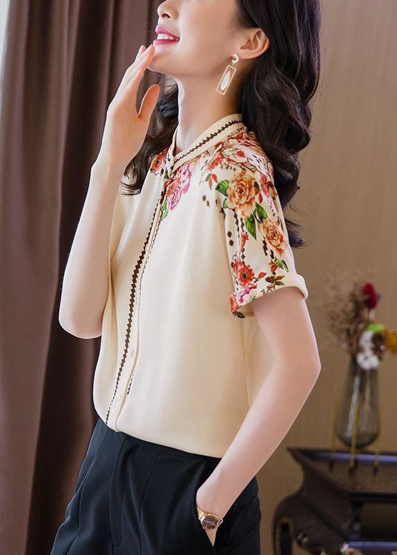 Apricot Stand Collar Print Patchwork Silk Top Summer