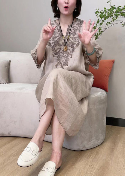 Apricot V Neck Embroideried Linen Long Dress Long Sleeve