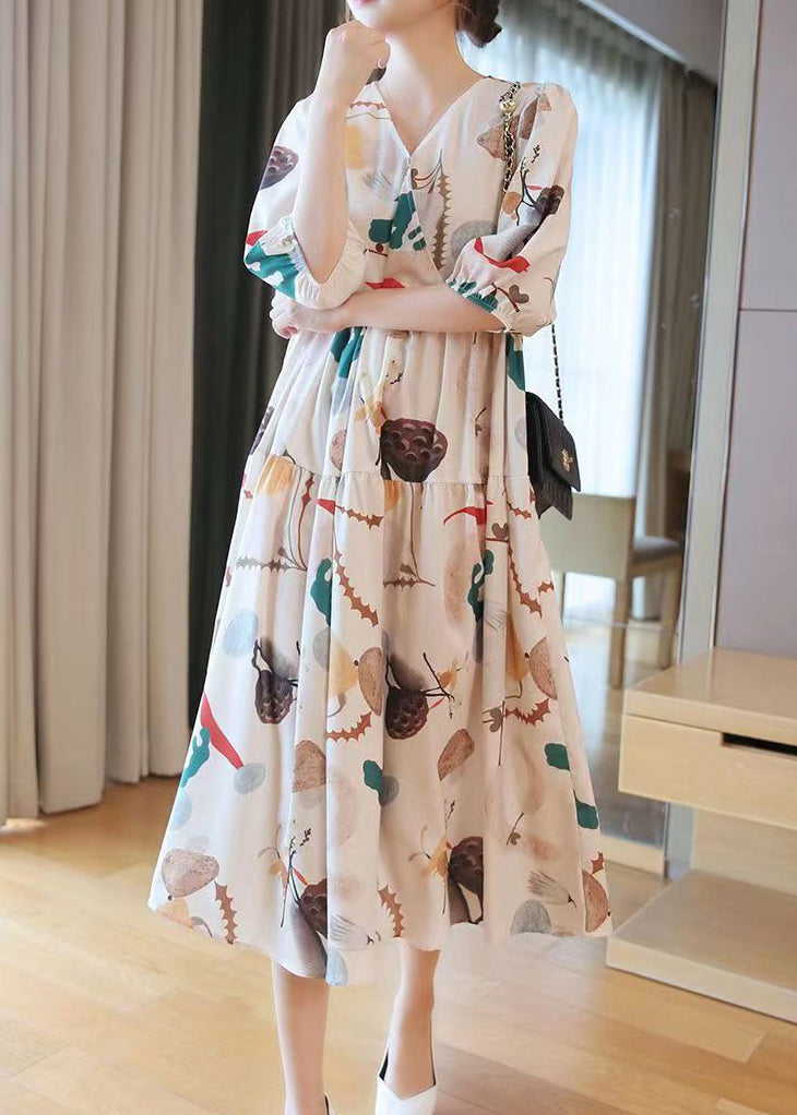 Apricot V Neck Print Cotton Long Dress Half Sleeve
