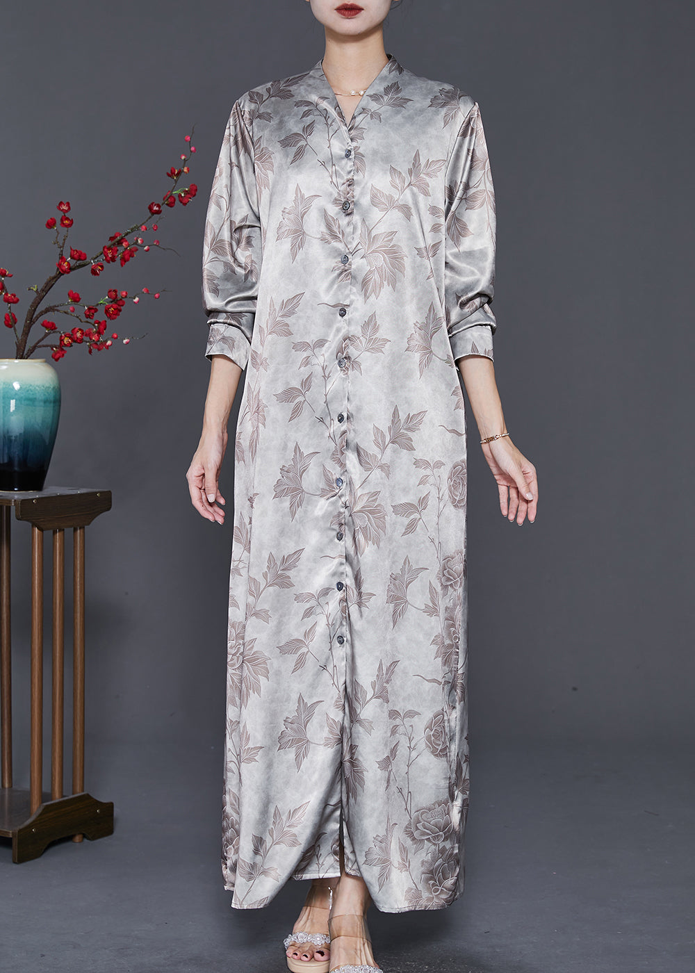 Apricot V Neck Print Silk Maxi Dresses Spring