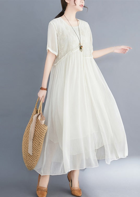 Apricot Asymmetrical Design Silk Dresses Short Sleeve