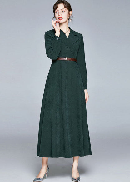 Army Green Notched Sashes Patchwork Corduroy Long Dresses Fall