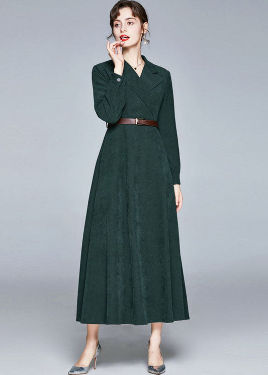 Army Green Notched Sashes Patchwork Corduroy Long Dresses Fall