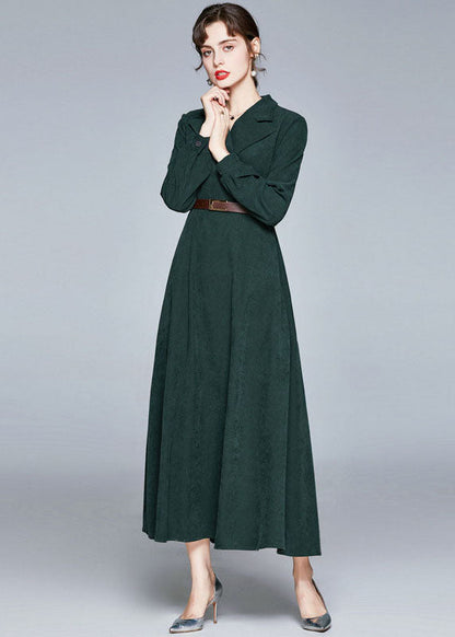 Army Green Notched Sashes Patchwork Corduroy Long Dresses Fall