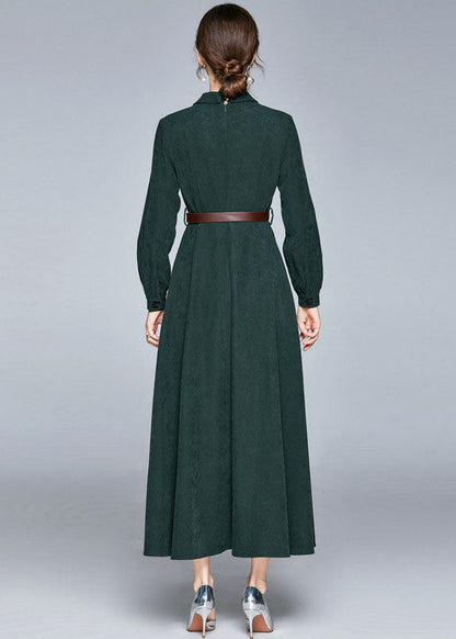 Army Green Notched Sashes Patchwork Corduroy Long Dresses Fall