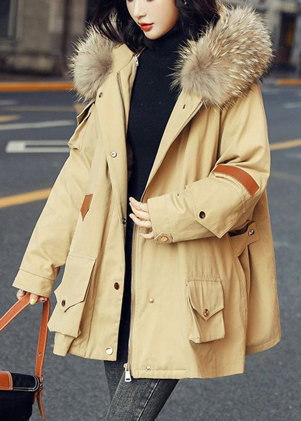Army Green Zip Up Fur Collar Cotton Puffer Blend Parka Jacket Winter