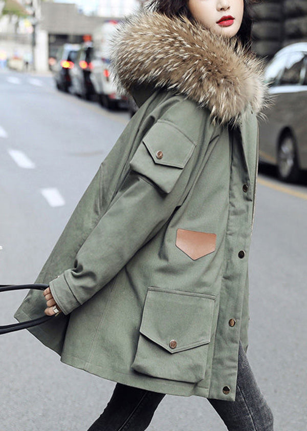Army Green Zip Up Fur Collar Cotton Puffer Blend Parka Jacket Winter