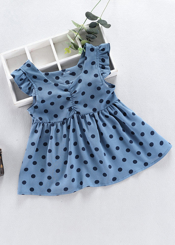 Baby Blue O-neck Dot Print Patchwork Vacation Long Dress Sleeveless