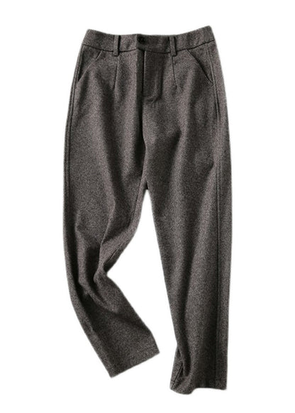 Beige Button Pockets Zippered Woolen Straight Pants Fall