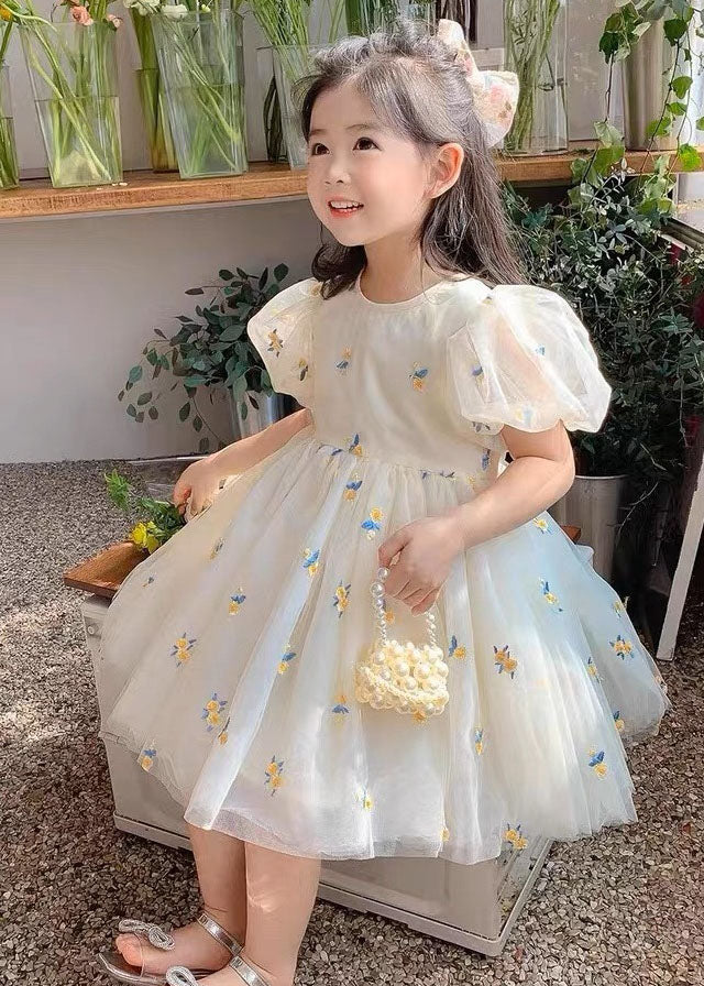 Beige Embroideried Wrinkled Patchwork Tulle Kids Dress Summer