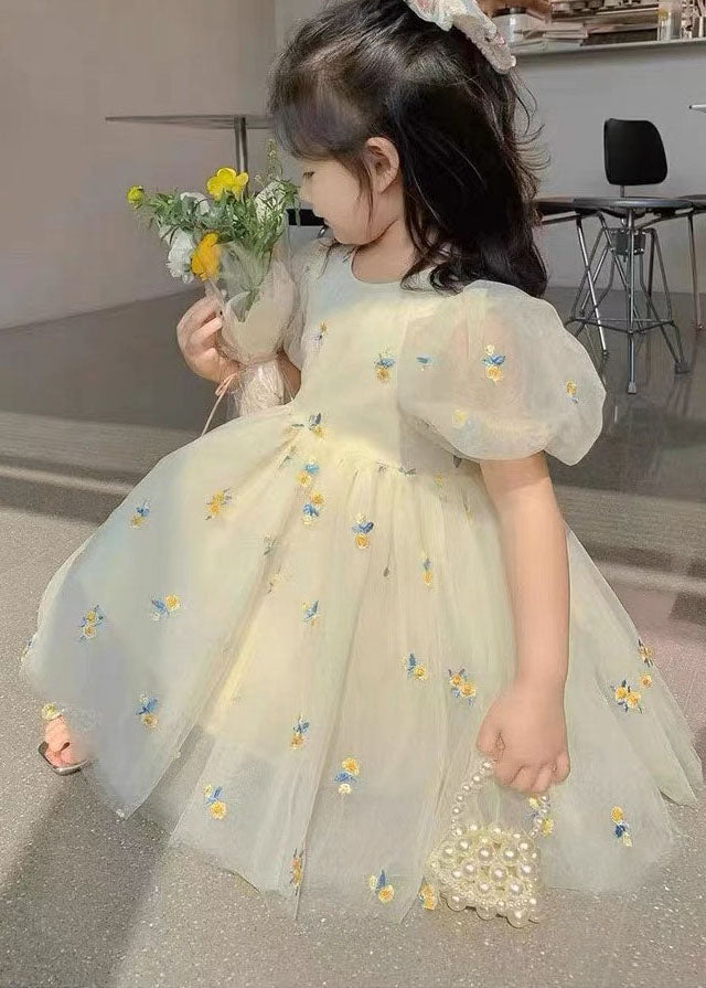 Beige Embroideried Wrinkled Patchwork Tulle Kids Dress Summer