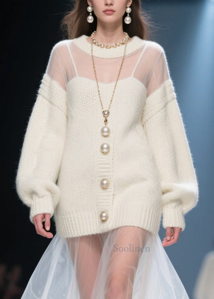 Beige O Neck Tulle Patchwork Long Knit Dress Fall