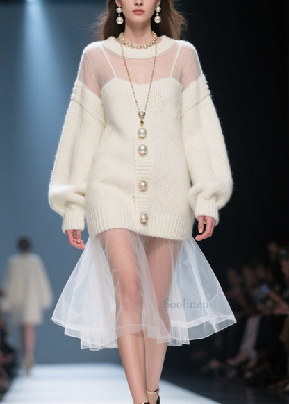 Beige O Neck Tulle Patchwork Long Knit Dress Fall