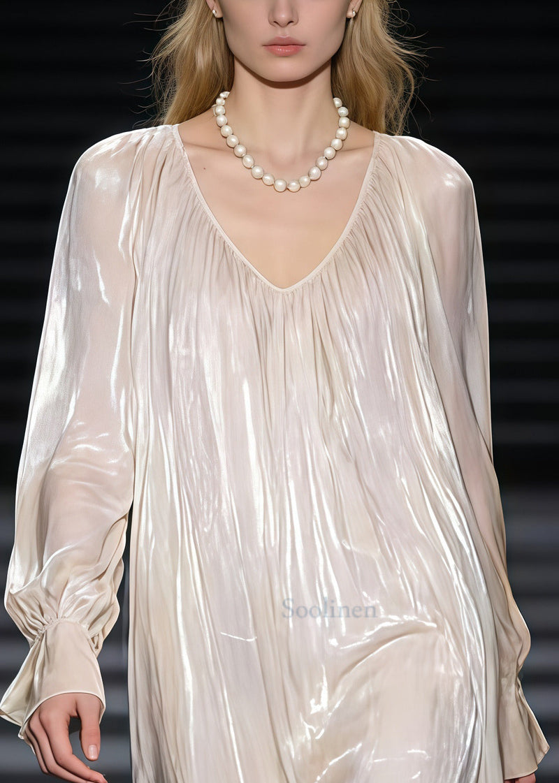 Beige Oversized Draping Silk Maxi Dress Spring