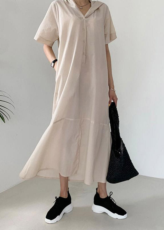 Beige Patchwork Button Hoded Long Shirt Dress Short Sleeve
