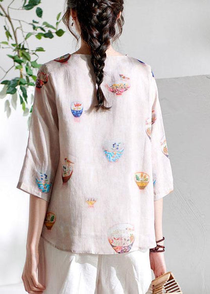 Beige Patchwork Print Button Summer Ramie Top