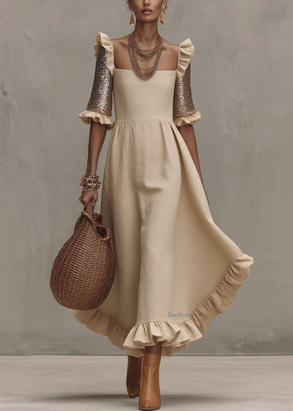 Beige Square Collar Ruffled Wrinkled Long Dress Summer