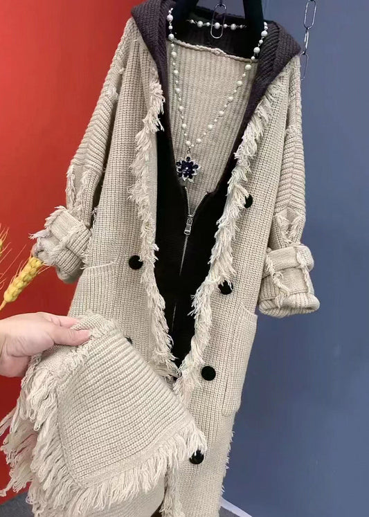 Beige Tasseled Patchwork Knit Hooded Coat Spring