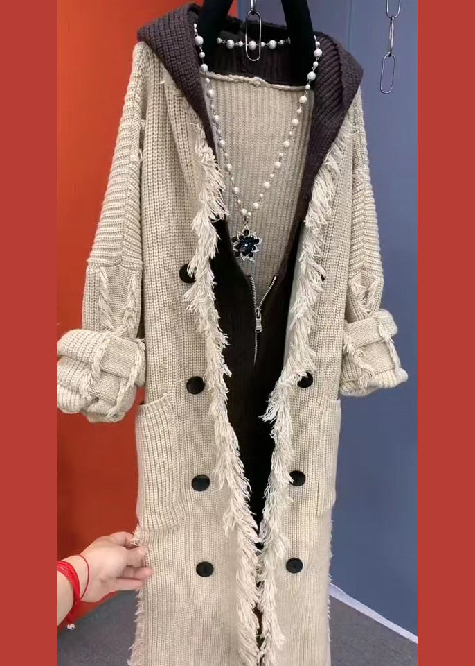 Beige Tasseled Patchwork Knit Hooded Coat Spring