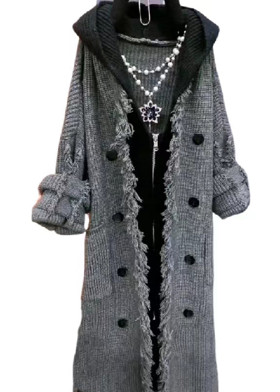 Beige Tasseled Patchwork Knit Hooded Coat Spring