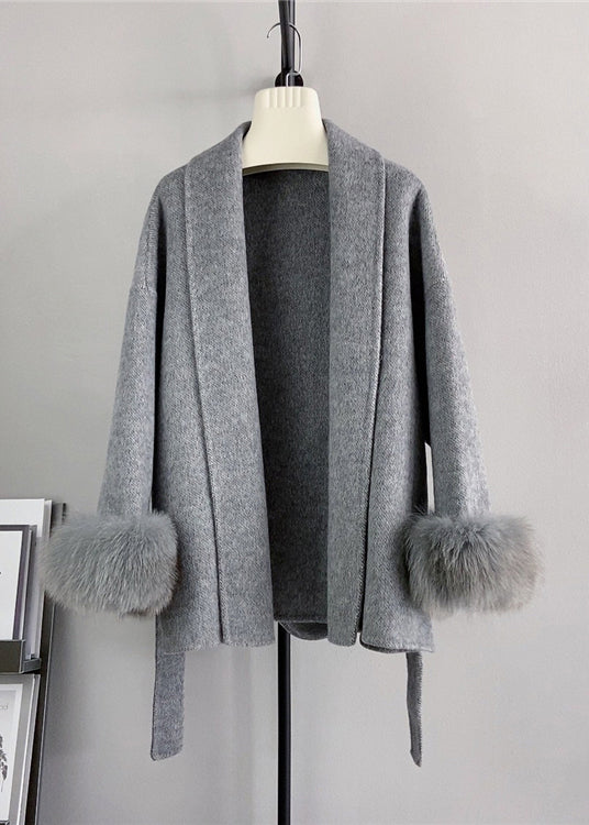 Beige Tie Waist Fox Patchwork Woolen Coats Winter