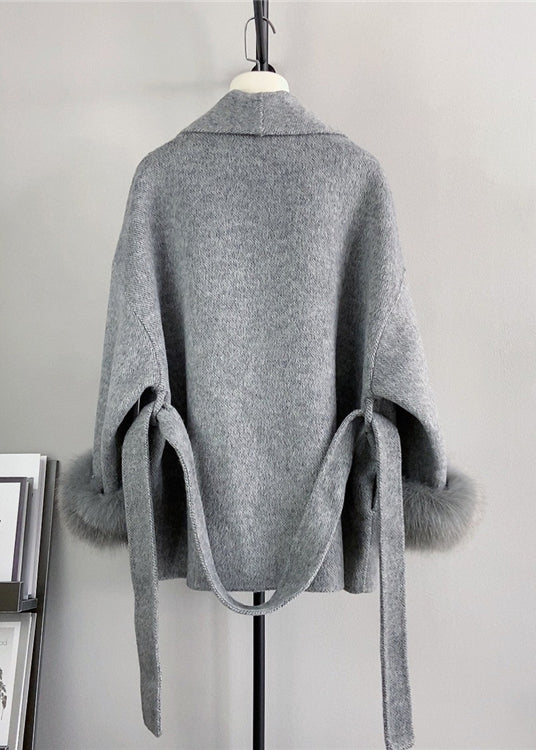 Beige Tie Waist Fox Patchwork Woolen Coats Winter