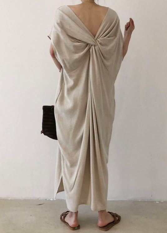 Beige V Neck Cotton Short Sleeve Long Dresses