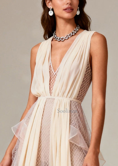 Beige V Neck Patchwork Mesh Long Dress Summer