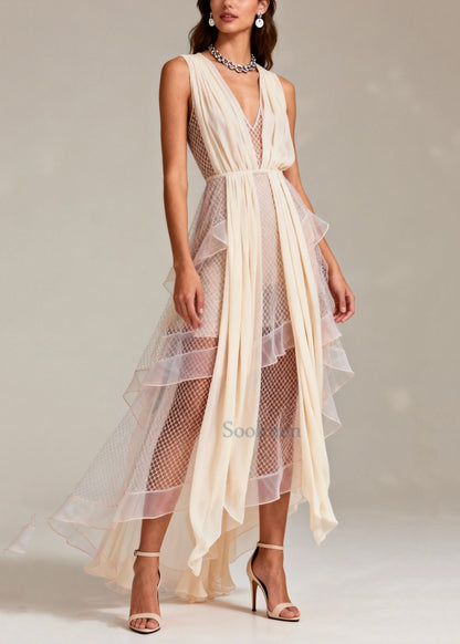 Beige V Neck Patchwork Mesh Long Dress Summer