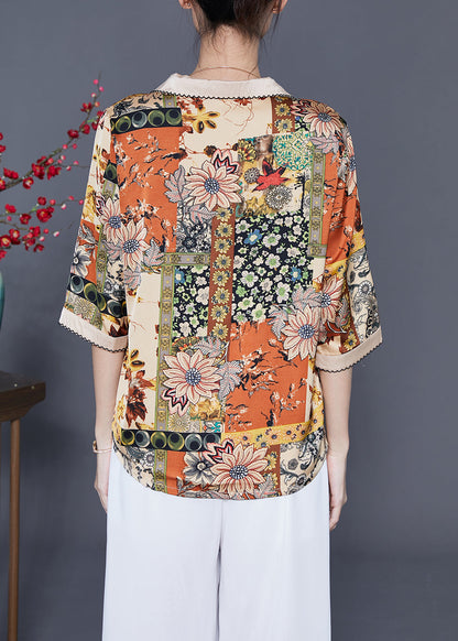 Beige V Neck Print Silk Shirt Top Half Sleeve