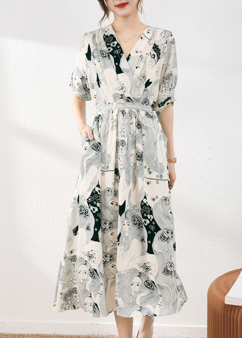 Beige V Neck Print Tie Waist Chiffon Maxi Dress Short Sleeve