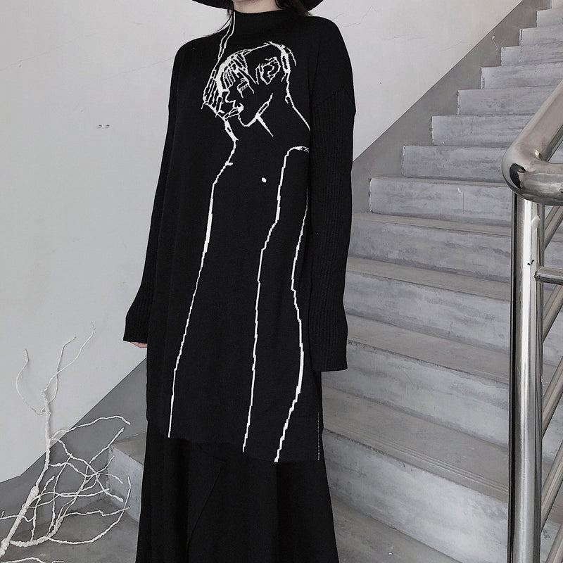 Black Abstract Portrait Knit Blouse High Neck Clothing Knitwear