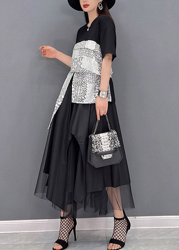 Black Asymmetrical Design Patchwork Tulle Vacation Dress Short Sleeve