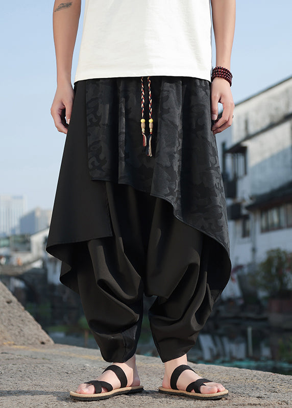 Black Asymmetrical Jacquard Patchwork Ice Silk Harem Pants Summer