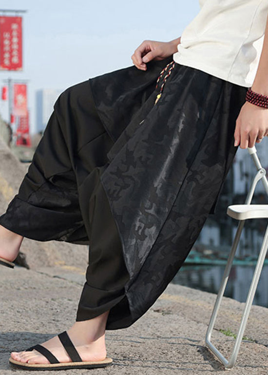 Black Asymmetrical Jacquard Patchwork Ice Silk Harem Pants Summer