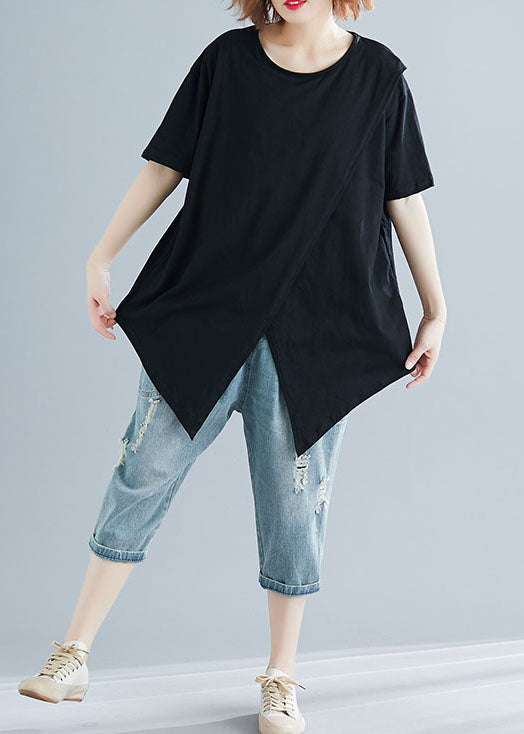 Black Asymmetrical Patchwork Cotton Top Short Sleeve