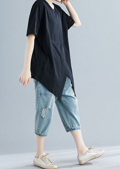 Black Asymmetrical Patchwork Cotton Top Short Sleeve