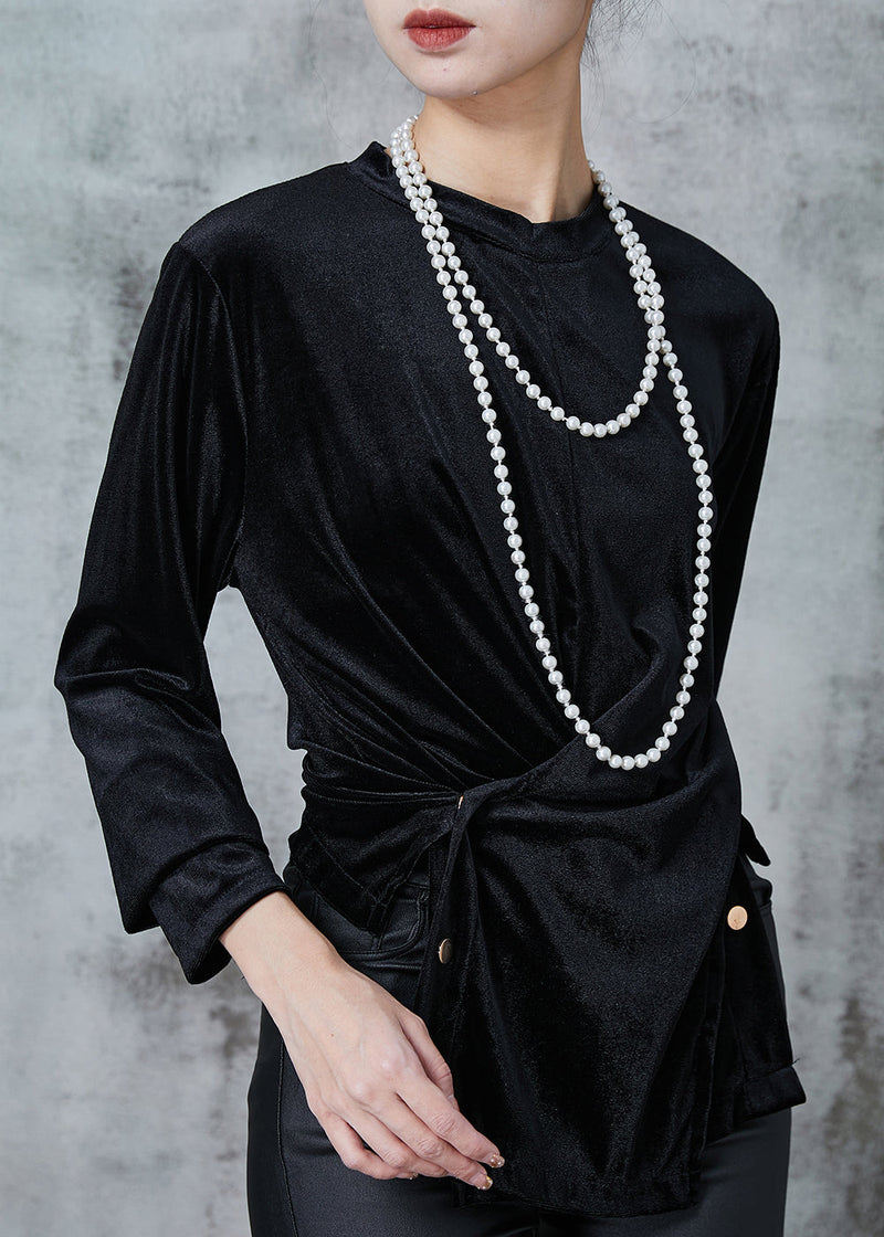 Black Asymmetrical Silm Fit Silk Velour Shirts Spring