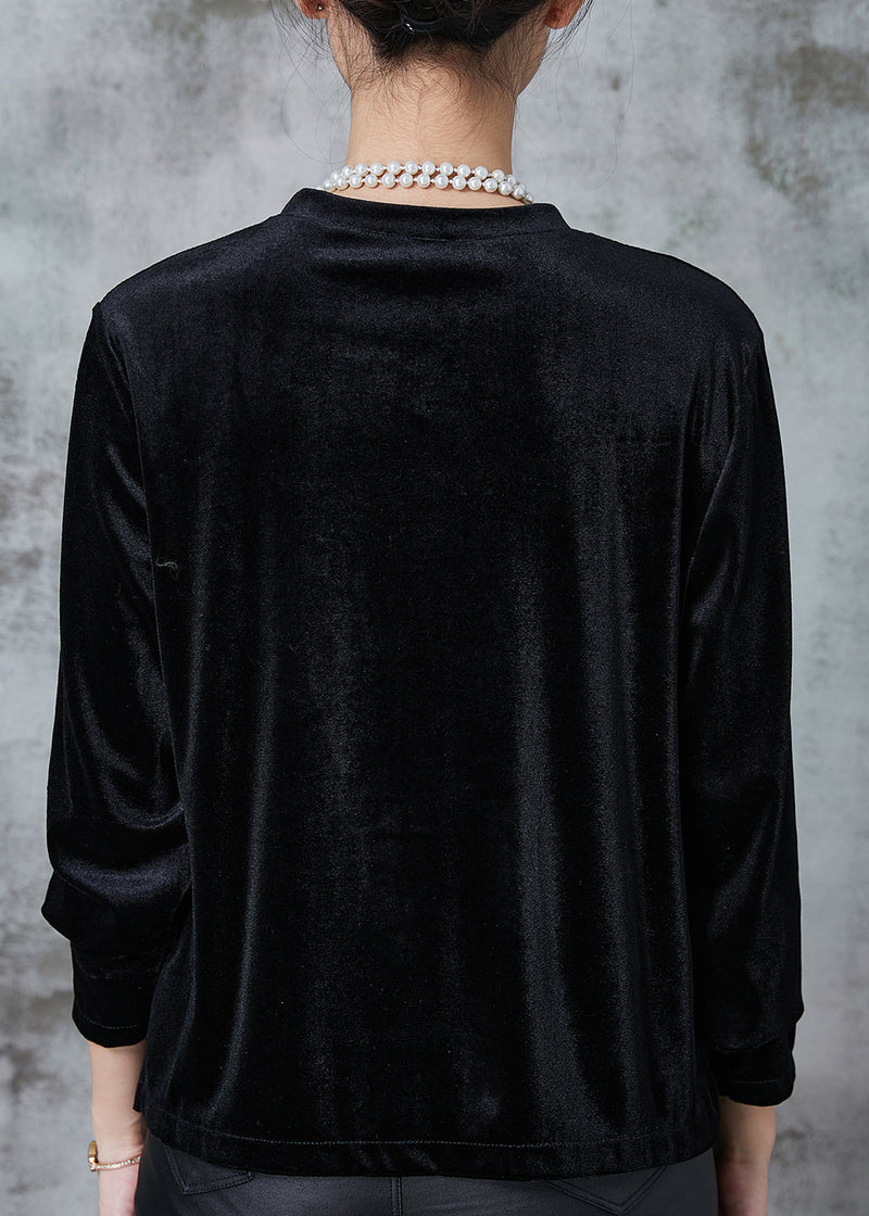 Black Asymmetrical Silm Fit Silk Velour Shirts Spring