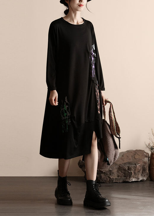 Black Asymmetrical Wrinkled Patchwork Cotton Dresses Spring