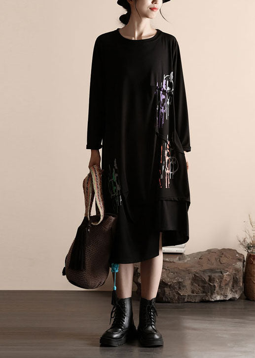 Black Asymmetrical Wrinkled Patchwork Cotton Dresses Spring