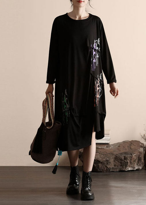 Black Asymmetrical Wrinkled Patchwork Cotton Dresses Spring