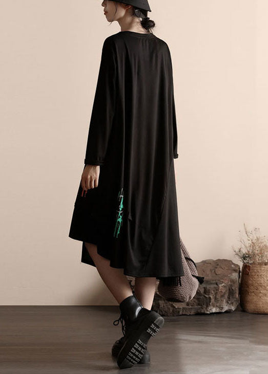 Black Asymmetrical Wrinkled Patchwork Cotton Dresses Spring