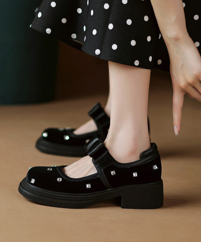 Black Bow Splicing Nail Bead Buckle Strap Chunky High Heels
