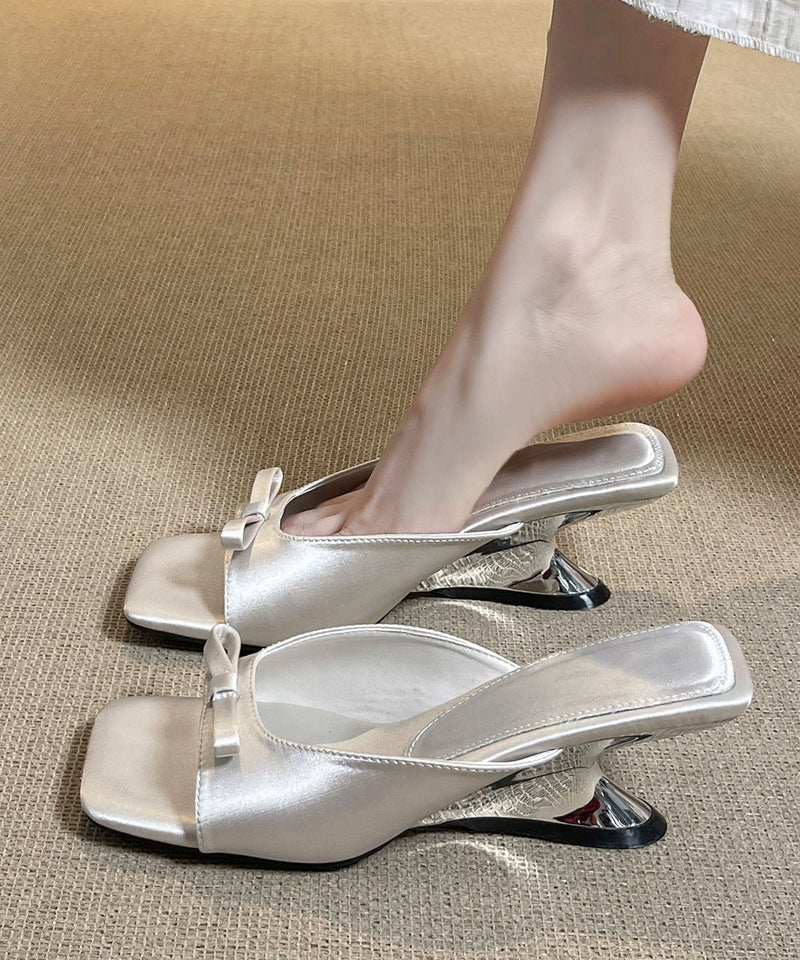 Black Bow Splicing Satin Wedge Slide Sandals