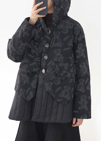 Black Button Patchwork Print Pockets Hooded Parka Long Sleeve