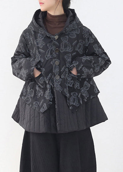 Black Button Patchwork Print Pockets Hooded Parka Long Sleeve